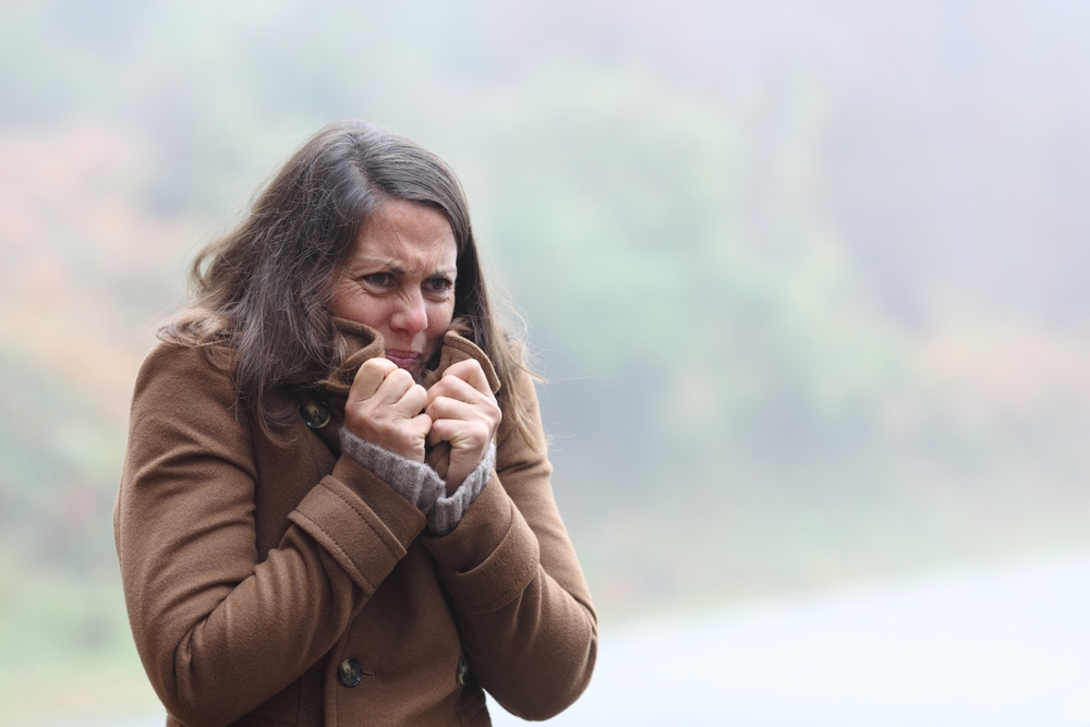 A woman in a brown coat stands outdoors, holding her collar up and shivering from the cold, with a blurred, foggy background of trees and grass.